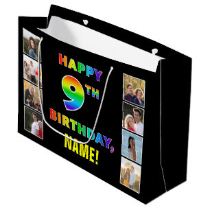 9th Birthday: Rainbow Text, Custom Photos & Name Large Gift Bag