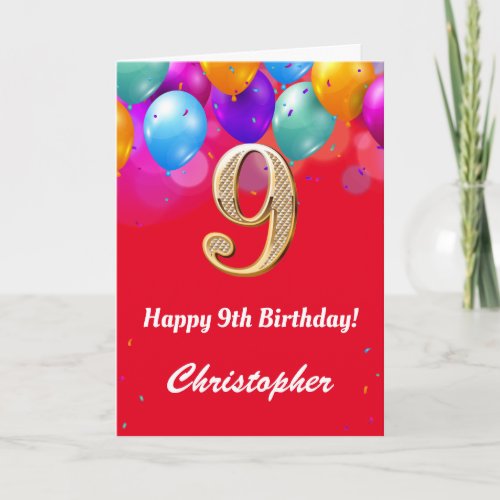 9th Birthday Red and Gold Colorful Balloons Card