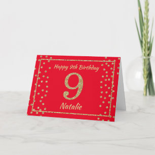 9th Birthday Red and Gold Glitter Confetti Card