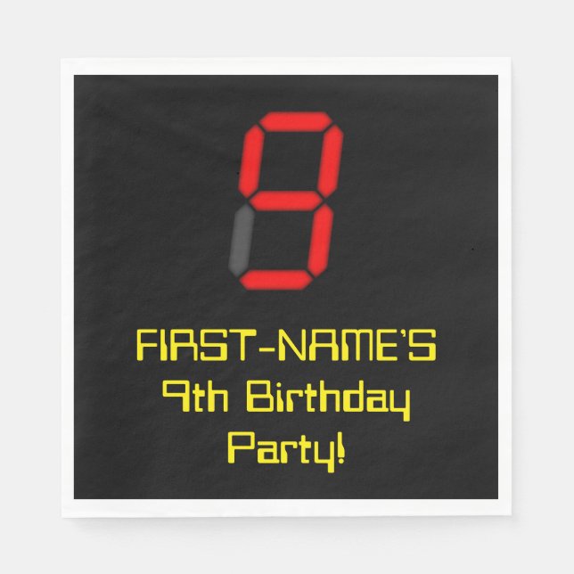 9th Birthday: Red Digital Clock Style "9" + Name Napkins (Front)