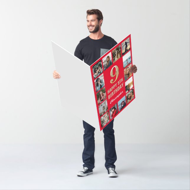 9th Birthday Red & Gold Photo Collage Extra Large Card (In Situ)