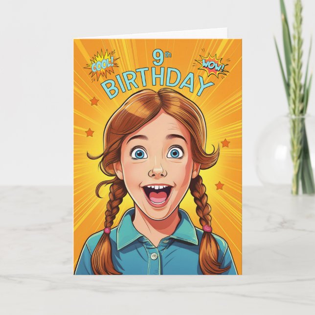 9th Birthday Redhead Light Skin Girl Pop Art Style Card (Front)