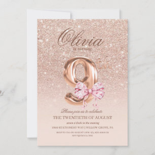 9th Birthday Rose Pink Gold  Bow Birthday Party  Invitation