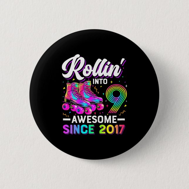 9th Birthday Shirt Girl Nine 9 Year Old Roller Ska Button (Front)