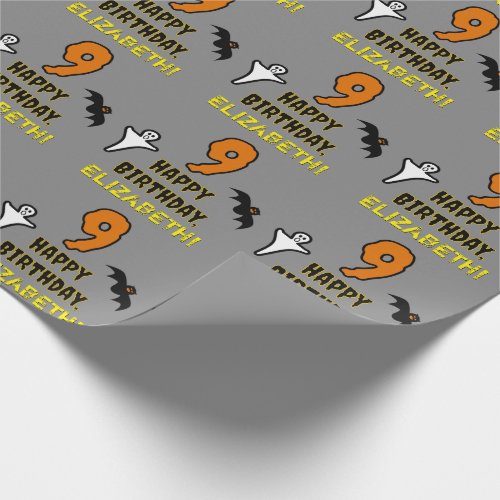 9th Birthday Spooky Halloween Theme  Custom Name Wrapping Paper