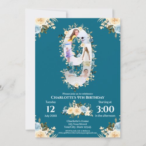 9th Birthday Teal Flower Photo Collage Blue Yellow Invitation