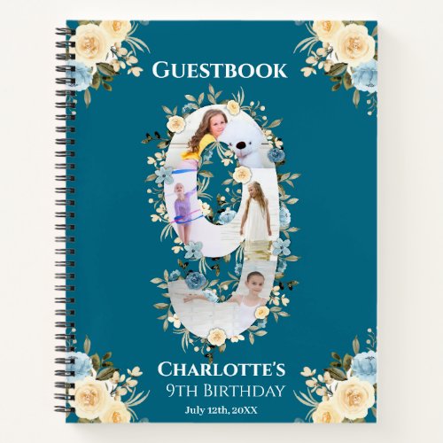 9th Birthday Teal Flower Photo Yellow Guest Book