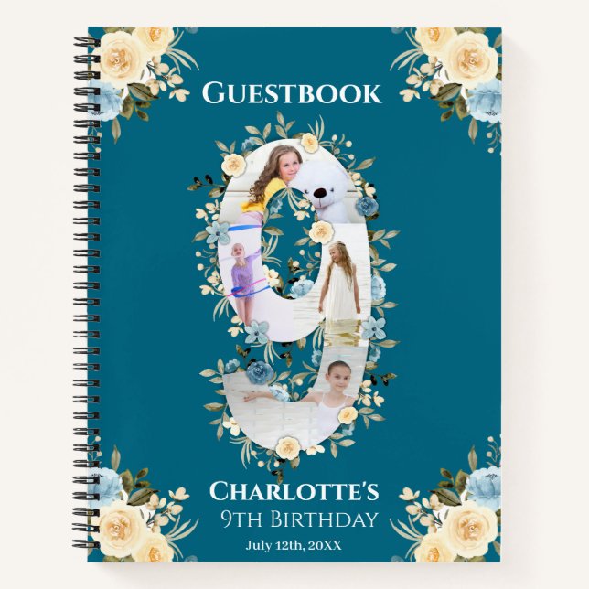 9th Birthday Teal Flower Photo Yellow Guest Book (Front)