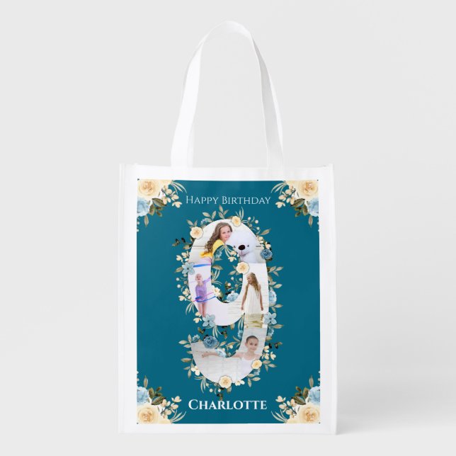 9th Birthday Teal Photo Collage Blue Yellow Flower Grocery Bag (Front)