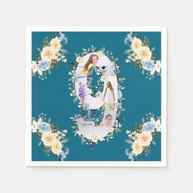 9th Birthday Teal Photo Collage Blue Yellow Flower Napkins (Front)