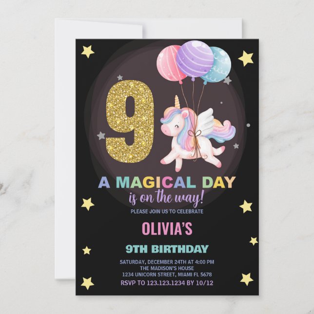 9th Birthday Unicorn Birthday Invitations (Front)