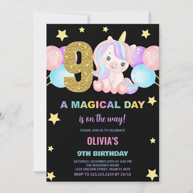 9th Birthday Unicorn Birthday Invitations (Front)