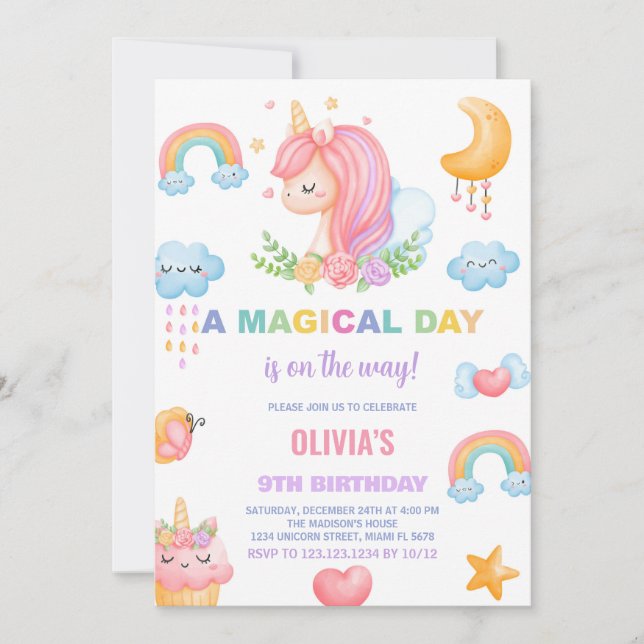 9th Birthday Unicorn Birthday Invitations (Front)