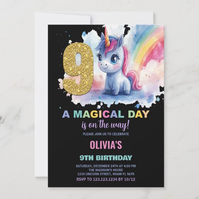 9th Birthday Unicorn Birthday Invitations (Front)