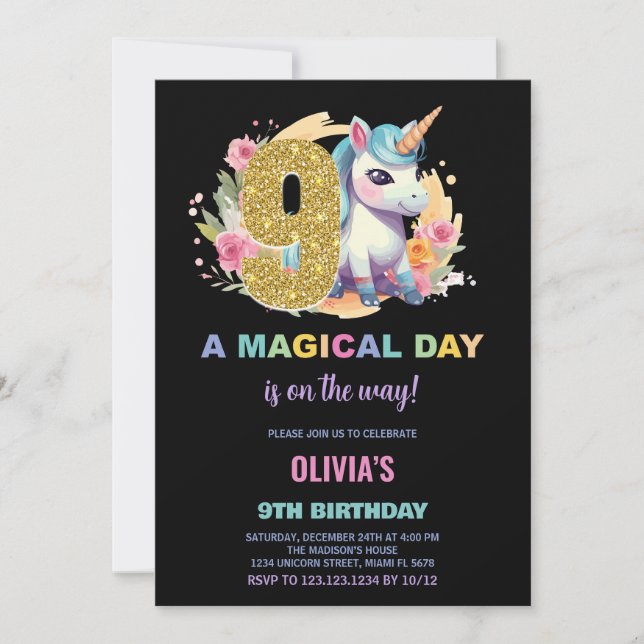 9th Birthday Unicorn Birthday Invitations (Front)