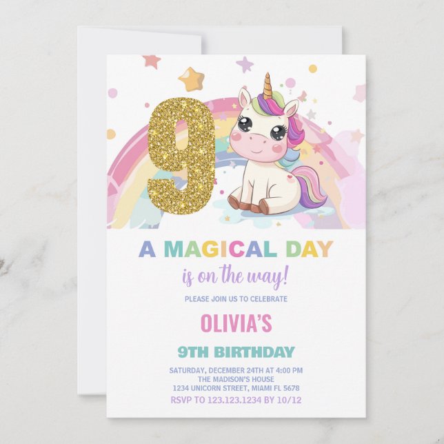 9th Birthday Unicorn Birthday Invitations (Front)