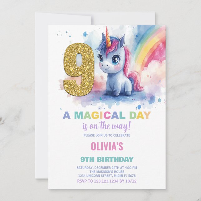 9th Birthday Unicorn Birthday Invitations (Front)