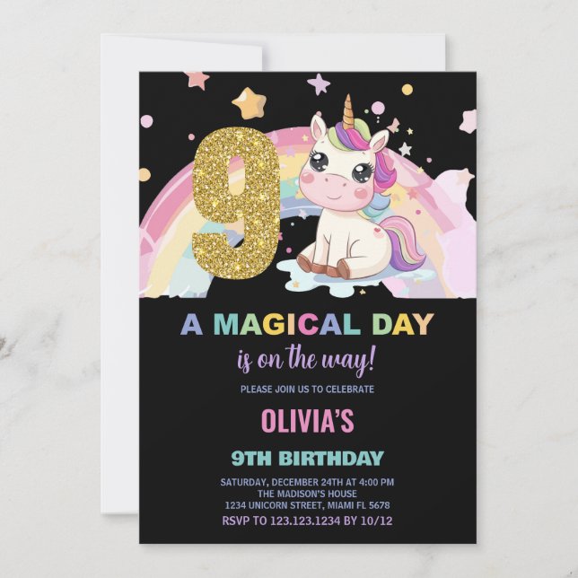 9th Birthday Unicorn Birthday Invitations (Front)
