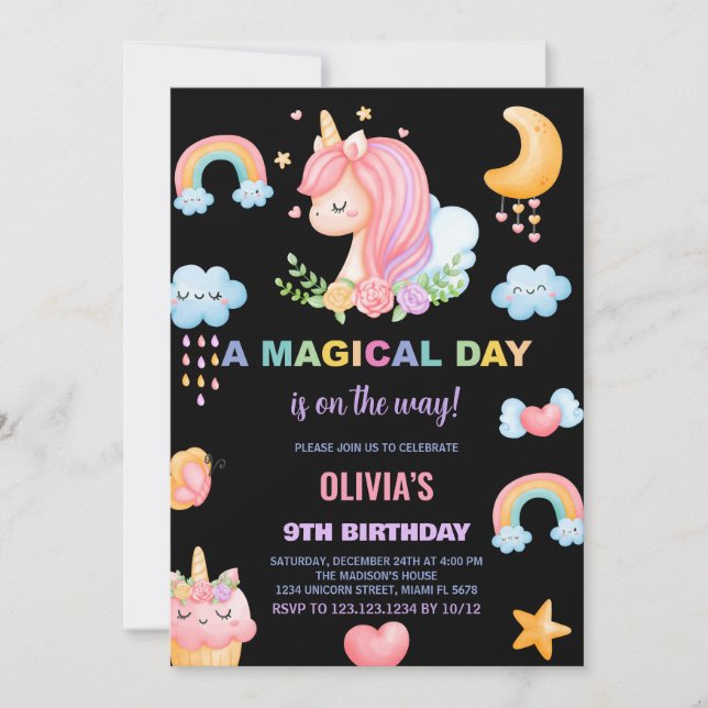 9th Birthday Unicorn Birthday Invitations (Front)