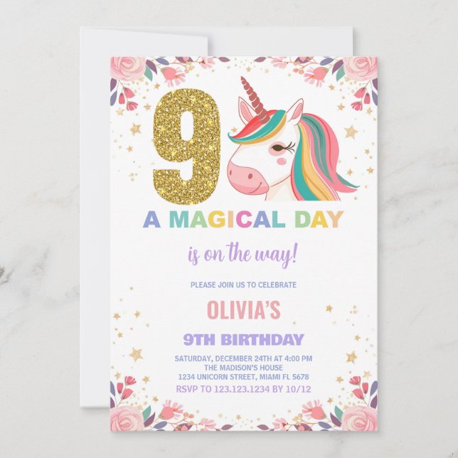 9th Birthday Unicorn Birthday Invitations (Front)