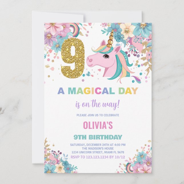 9th Birthday Unicorn Birthday Invitations (Front)