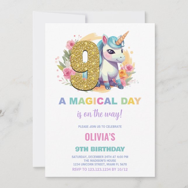 9th Birthday Unicorn Birthday Invitations (Front)