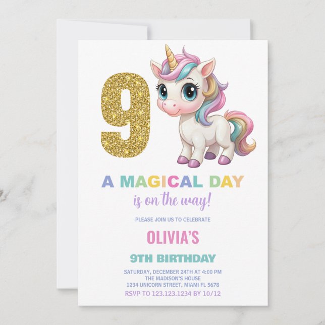 9th Birthday Unicorn Birthday Invitations (Front)