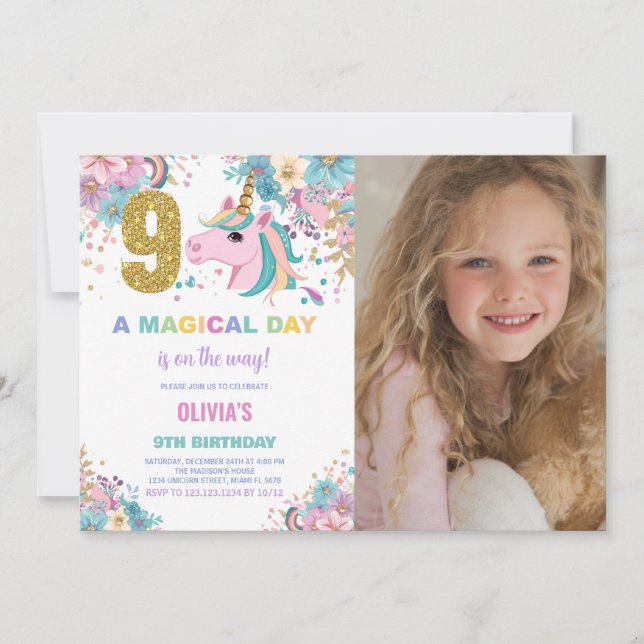 9th Birthday Unicorn Birthday Invitations photo (Front)