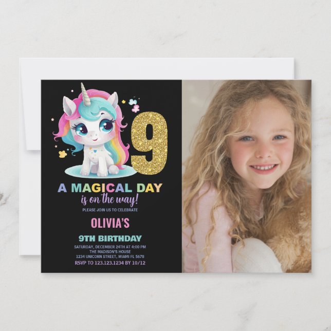 9th Birthday Unicorn Birthday Invitations photo (Front)