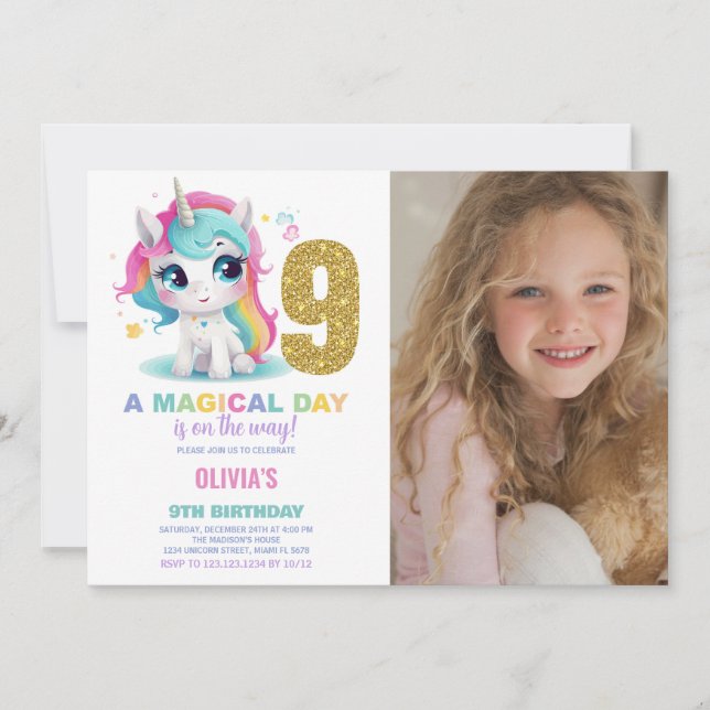 9th Birthday Unicorn Birthday Invitations photo (Front)