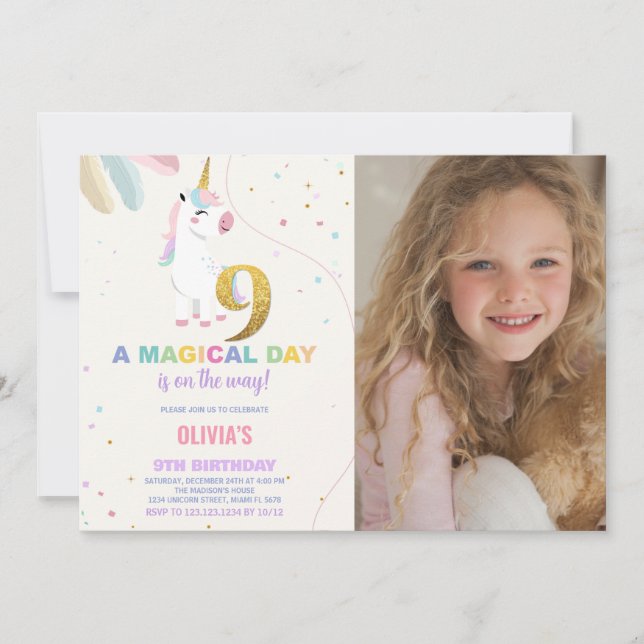 9th Birthday Unicorn Birthday Invitations w photo (Front)