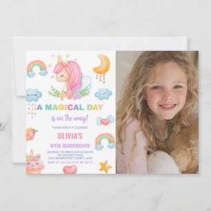 9th Birthday Unicorn Birthday Invitations w photo
