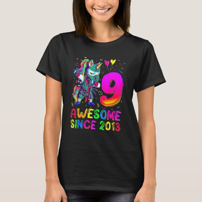 9th Birthday  Unicorn Dabbing 9 Year Old Boys T-Shirt (Front)