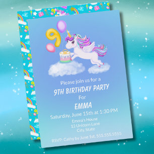 9th Birthday Unicorn With Cake Invitation