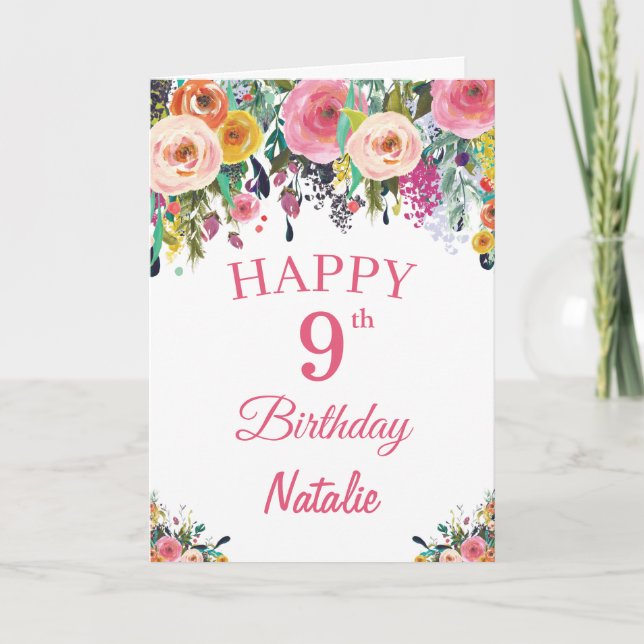 9th Birthday Watercolor Floral Flowers Pink Card (Front)