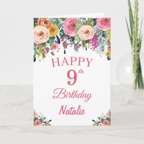 9th Birthday Watercolor Floral Flowers Pink Card