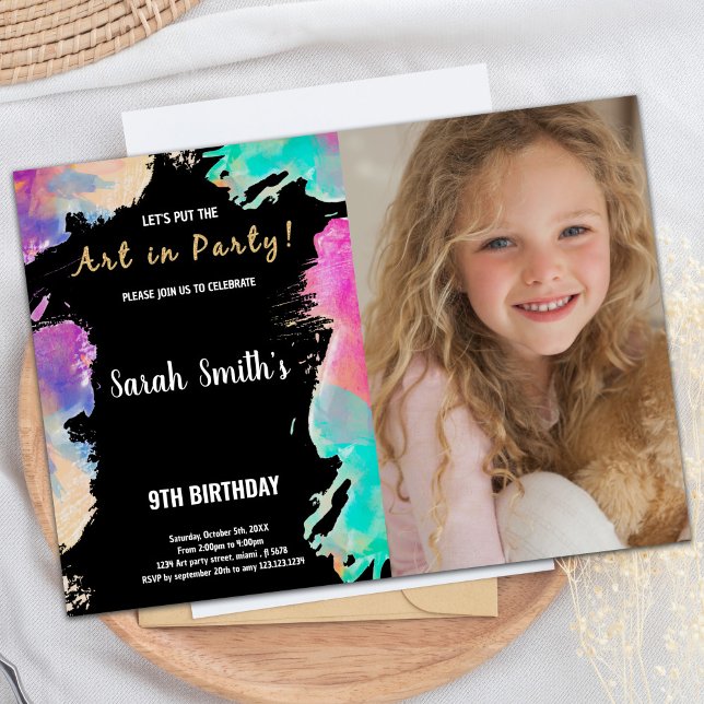 9th Black Purple Photo Paint Birthday Invitations (9th Black Purple Photo Paint Birthday Invitations)