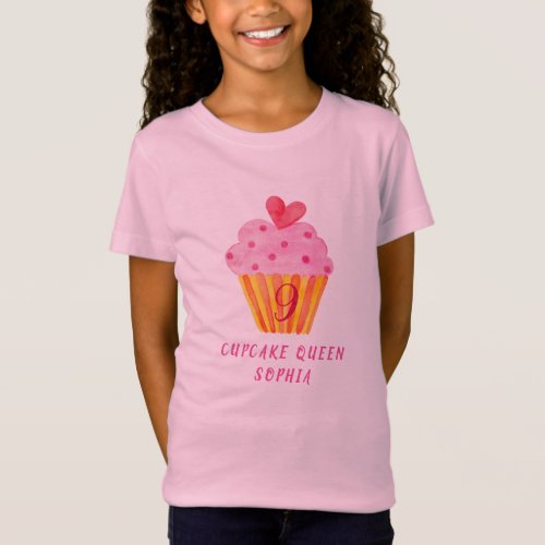 9th Cupcake queen baking girl watercolor YOUR NAME T_Shirt