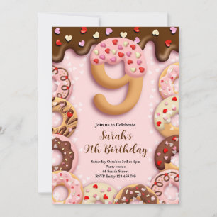 9th Donut Birthday Girls Invitation