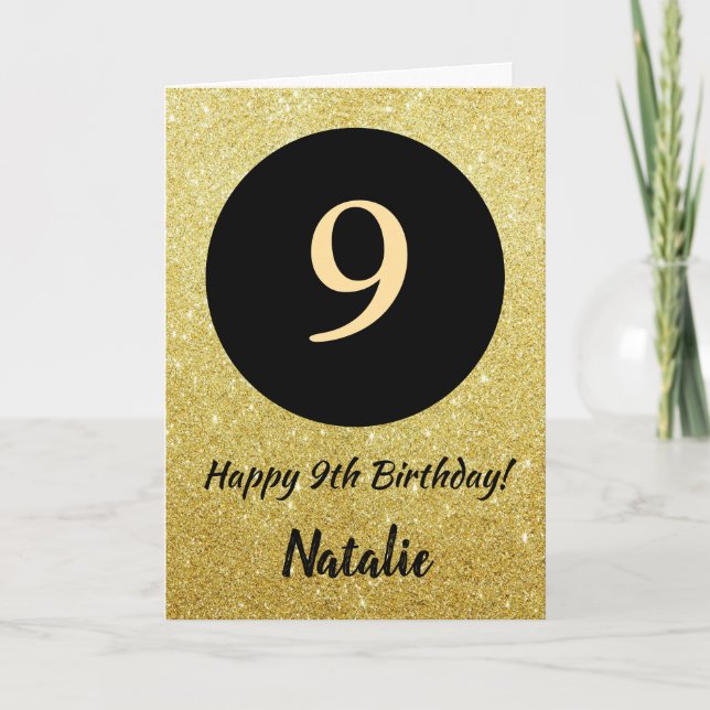 9th Happy Birthday Black and Gold Glitter Card (Front)