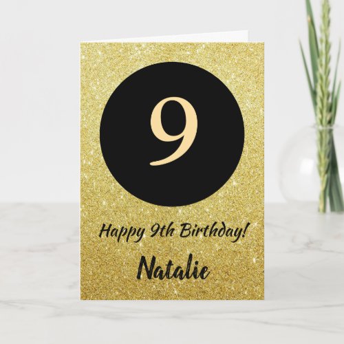 9th Happy Birthday Black and Gold Glitter Card