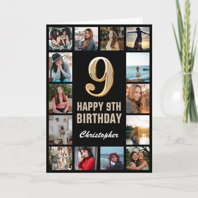 9th Happy Birthday Black and Gold Photo Collage Card (Front)