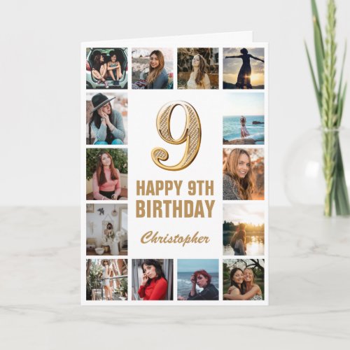 9th Happy Birthday Gold and White Photo Collage Card