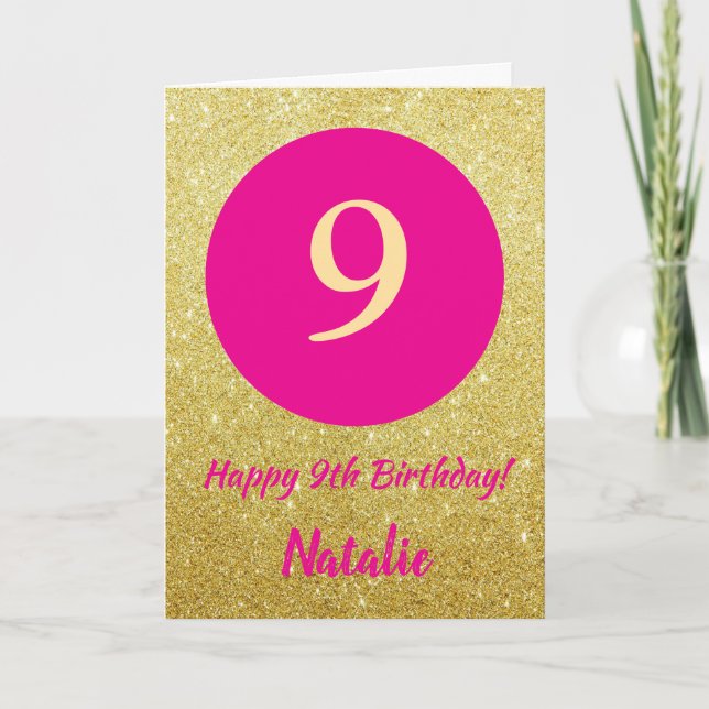 9th Happy Birthday Hot Pink and Gold Glitter Card (Front)