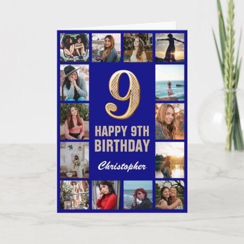 9th Happy Birthday Navy Blue  Gold Photo Collage Card