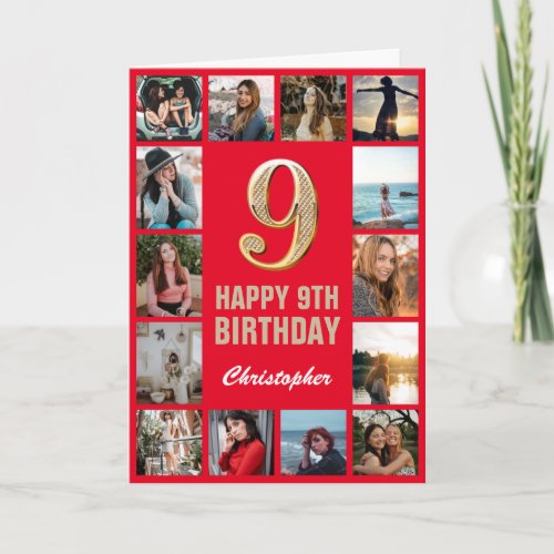 9th Happy Birthday Red and Gold Photo Collage Card