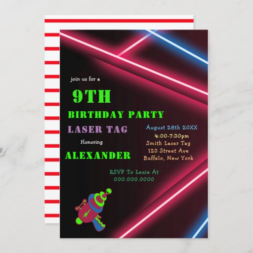 9th Neon Birthday Laser Tag Party Invitations 