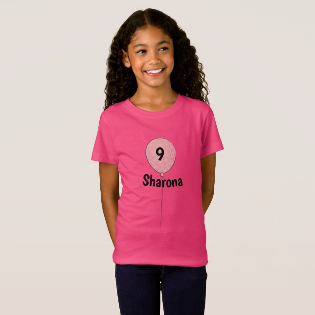 9th Number Nine Birthday with Name & Pink Balloon T-Shirt (Front Full)