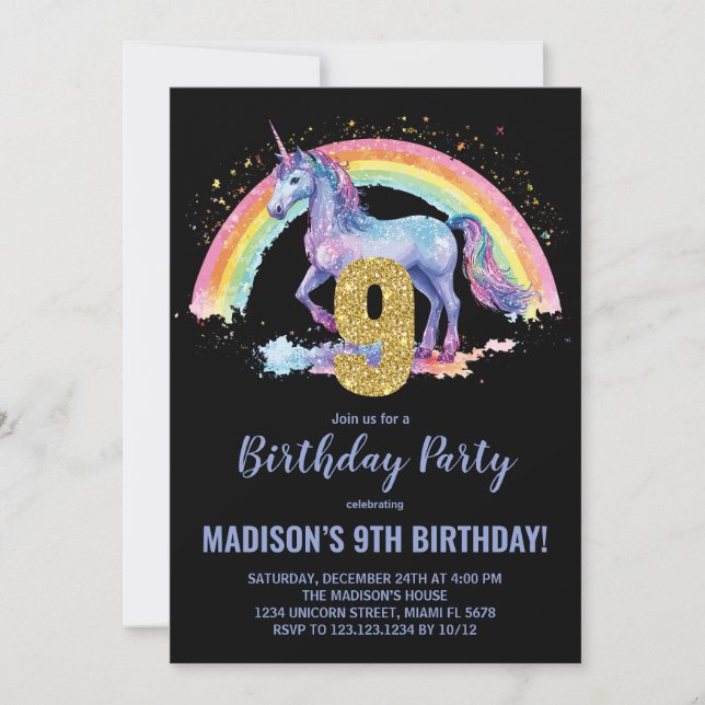 9th Rainbow Unicorn Birthday Invitations (Front)