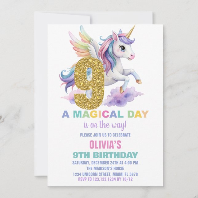 9th Rainbow Unicorn Birthday Invitations Fly (Front)